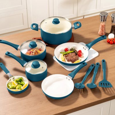 Mainstays 12 Piece Ceramic Nonstick Aluminum Cookware Set, Blue - Image 6