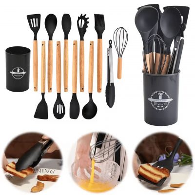 Vsgery 12-Piece Non-Stick Cookware Set with Wooden Handle Storage Bucket for Kitchen Organization