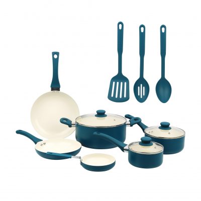 Mainstays 12 Piece Ceramic Nonstick Aluminum Cookware Set, Blue